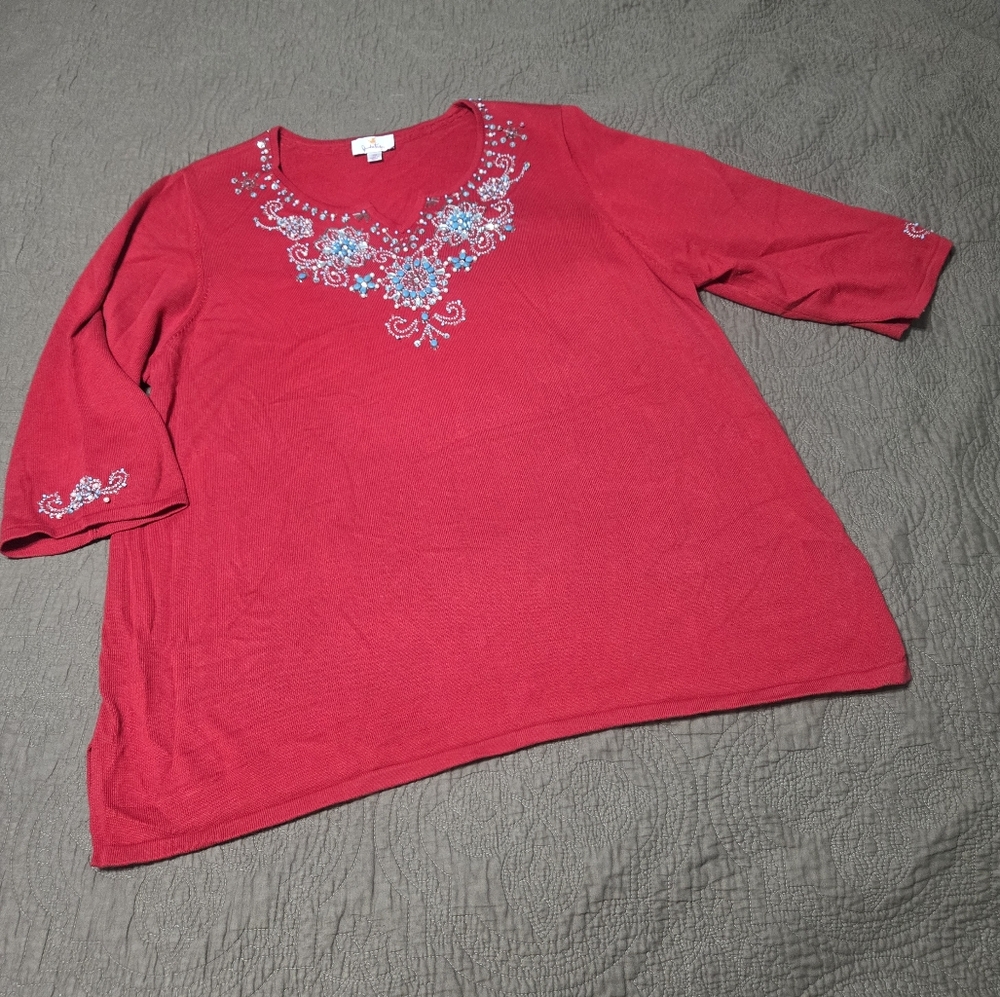 Quacker Factory Red beaded/sequined Tunic Top 2X Valentine's Day - Picture 2 of 10